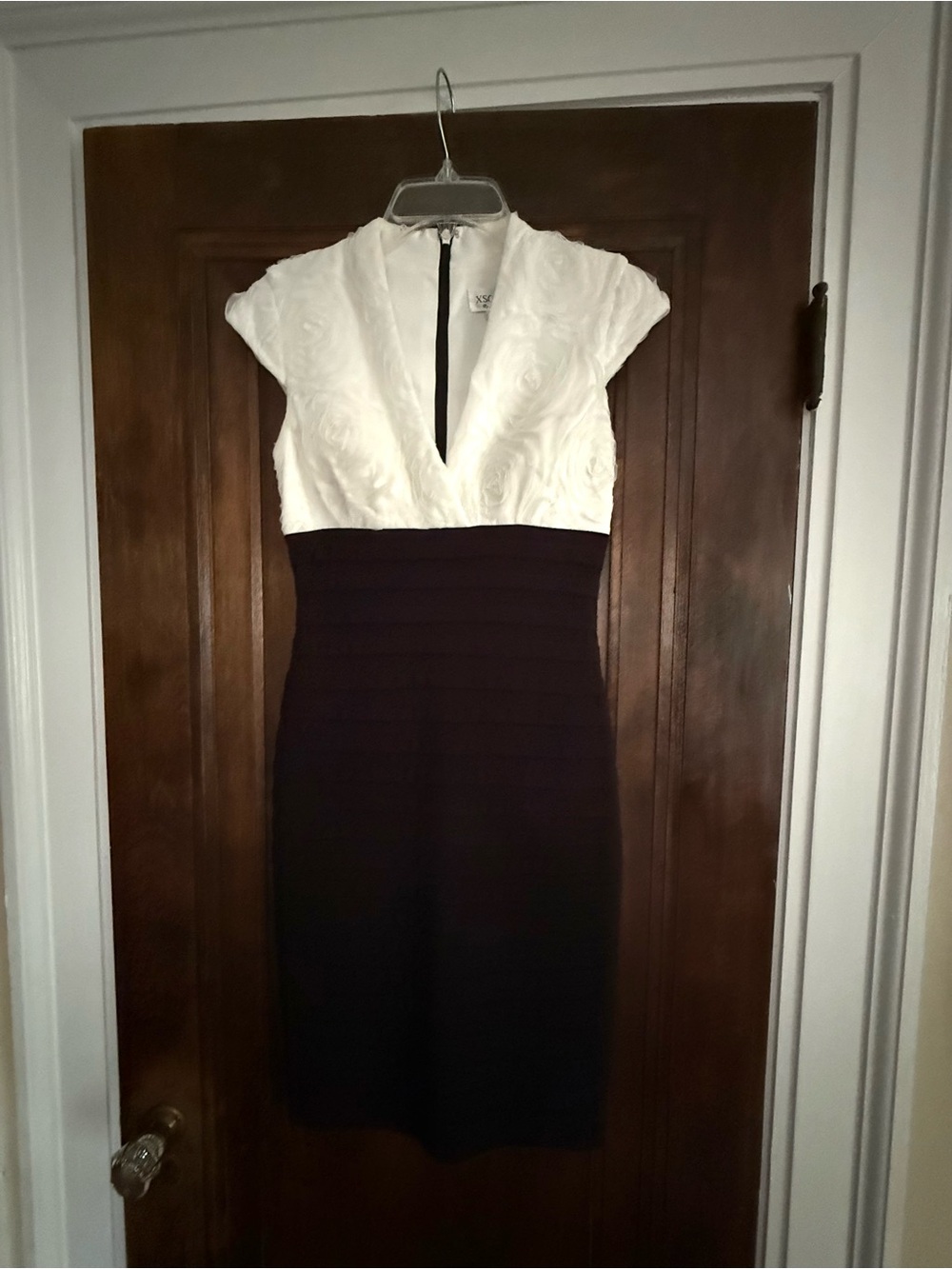Xscape White Cap-Sleeve V-Neck Sheath Dress with Black Skirt